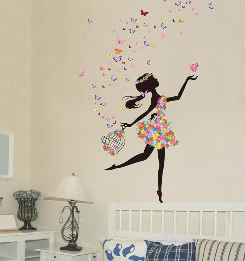 Home decor 3d removable birdcage girl flower wall stickers kids room