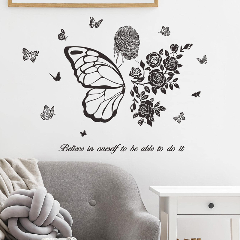 self adhesive living room decoration pvc 3d wall decal butterfly girl