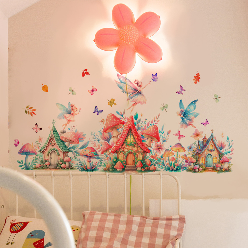 Self adhesive cartoon mushroom with fairy wall stickers home decoration kids