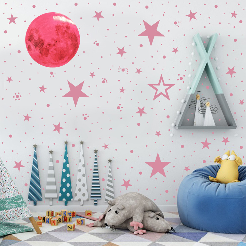 pink effect home wall decorative moon stars glow stickers in the dark