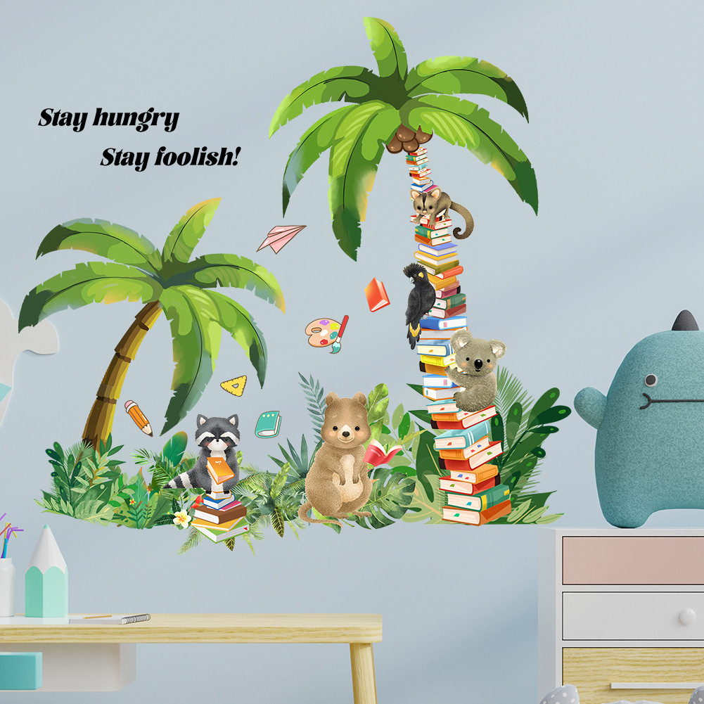 New design baby kids room cartoon animal palm tree sticker paper for wall