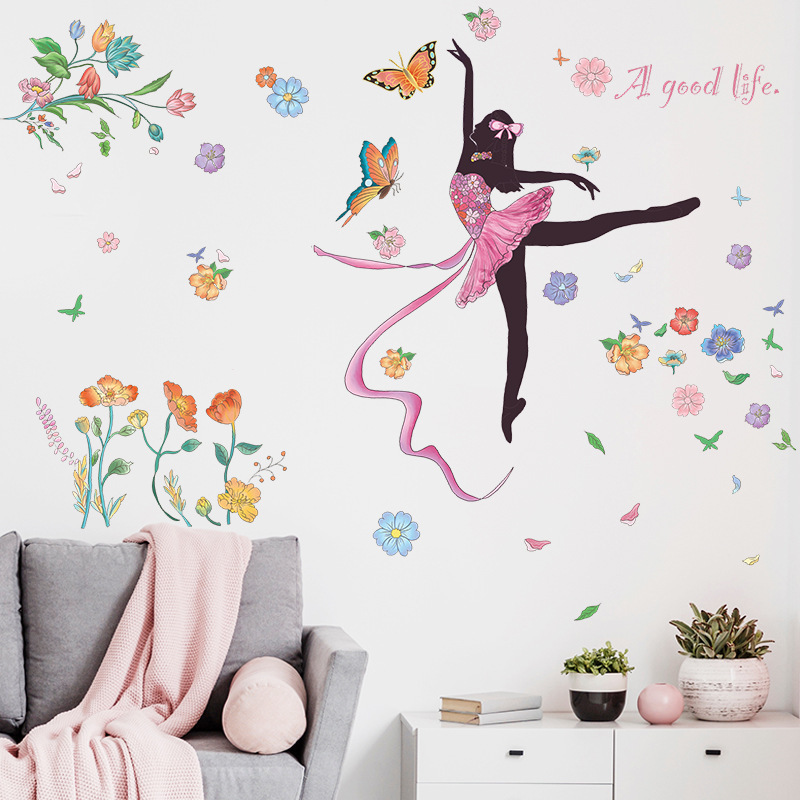 self adhesive cartoon flower dance girl wall stickers decals