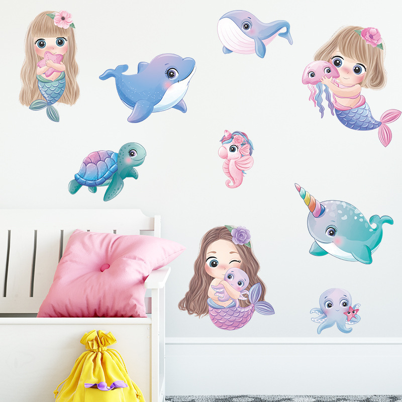 Removable waterproof pvc 3d cartoon mermaid wall decor stickers for kids girls room bedroom wall decals