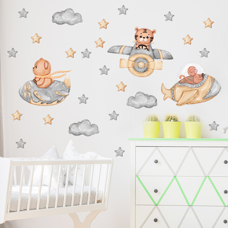 new arrival cartoon animal with airplane wall decals for nursery