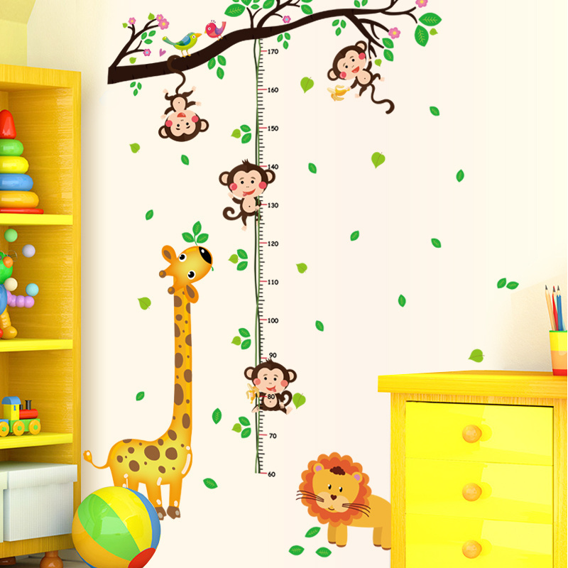 Removable 3d cartoon animal tree height measure wall stickers for kids room