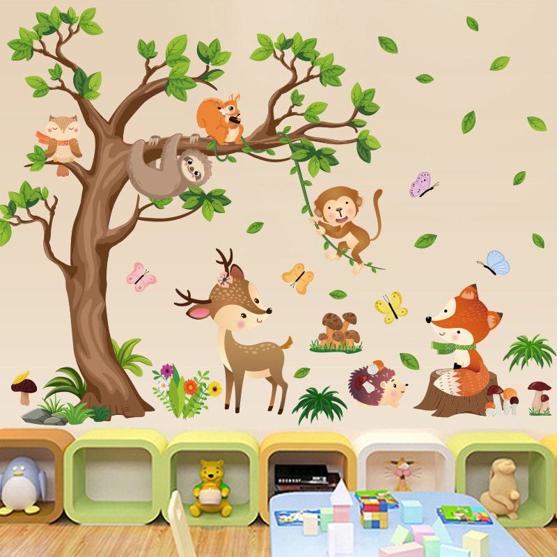 Easy peel and stick beautiful fabric woodland animal living room wall stickers image