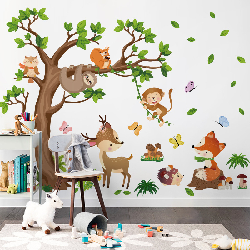 Easy peel and stick beautiful fabric woodland animal living room wall stickers image