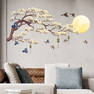 Self adhesive stickers for room walls white flowers bird moon pvc beautiful sticker flower