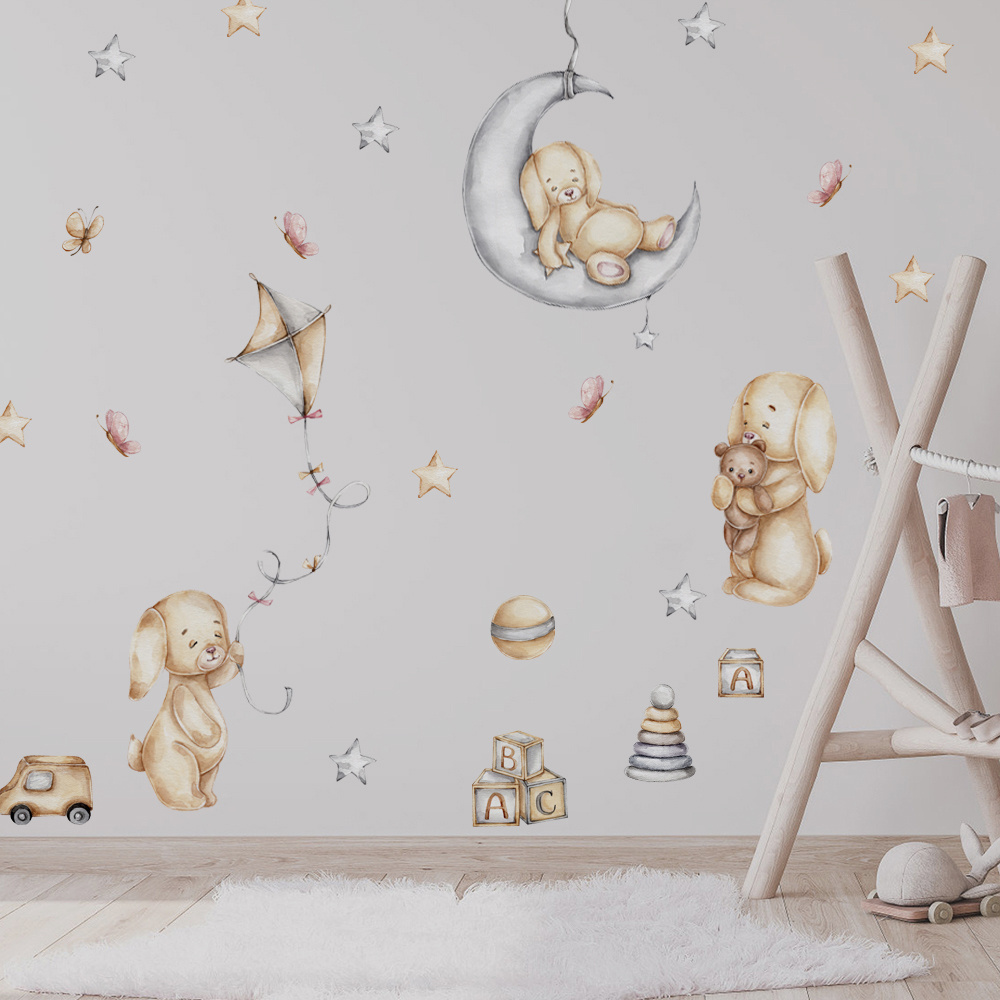 Home decoration 3d cute bear flies a kite with butterfly decor baby wall stickers bedroom