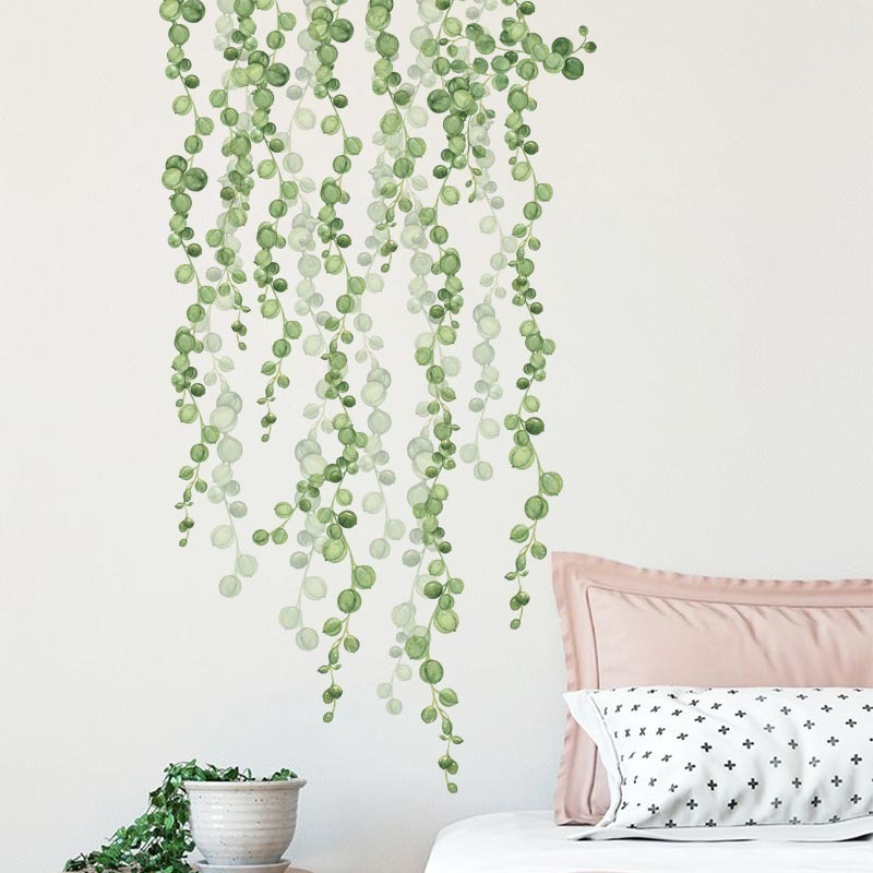 Self adhesive green plants wall stickers for kids room bedroom walls leaf vinyl wall decal