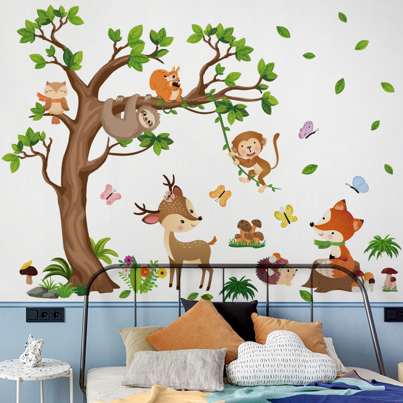 Easy peel and stick beautiful fabric woodland animal living room wall stickers image