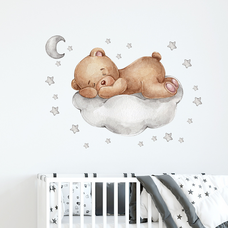 baby kids room decoration cartoon bear sleep on cloud nursery wall decals