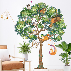 Kids room decoration cartoon cat green tree baby nursery wall decal