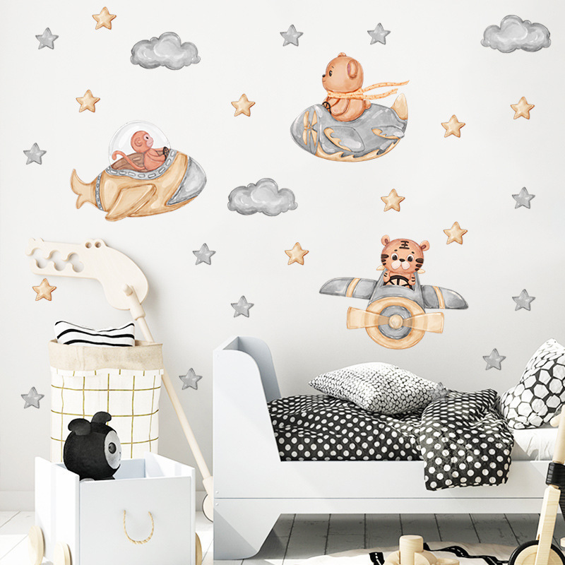 new arrival cartoon animal with airplane wall decals for nursery