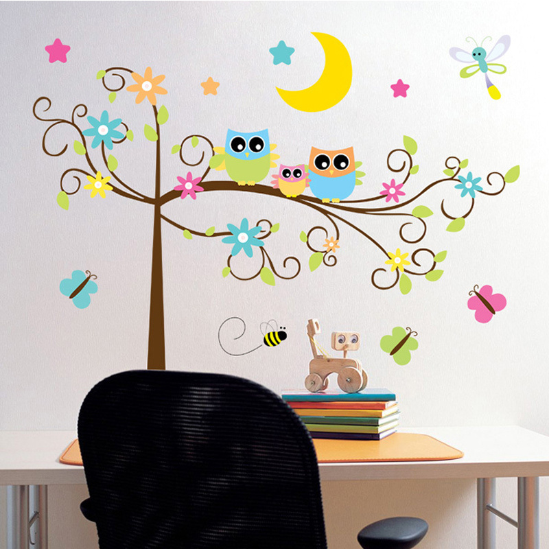 Removable colorful sweet owl on the tree kindergarten wall stickers