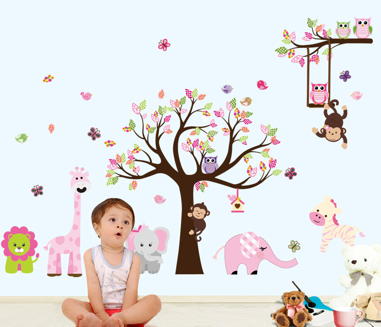 home decor adhesive large removable vinyl 3d forest animals wall stickers for kids room