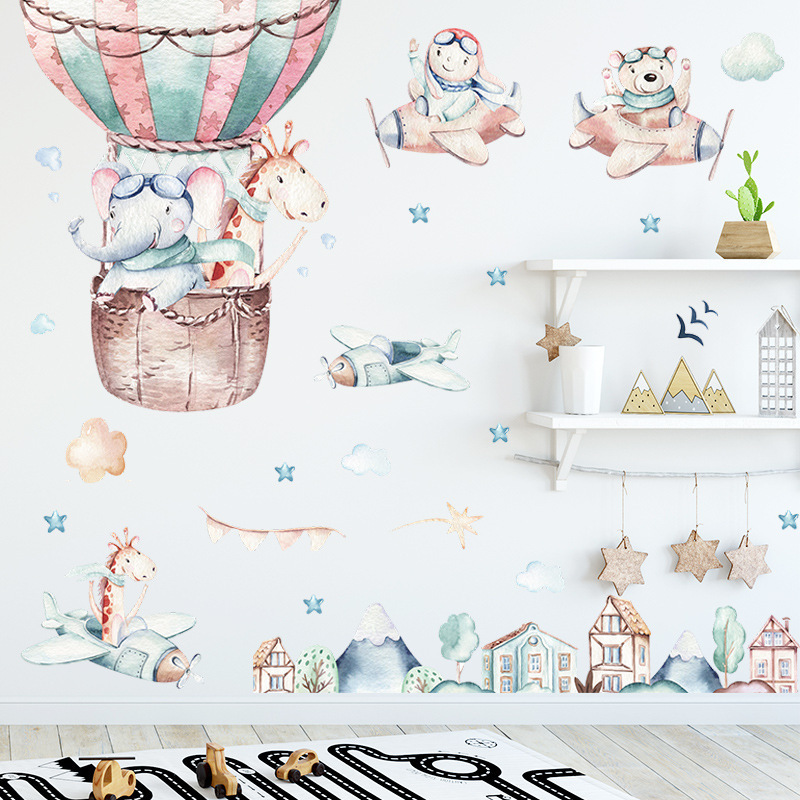 home decor cartoon animal airplane kids room wall sticker boho