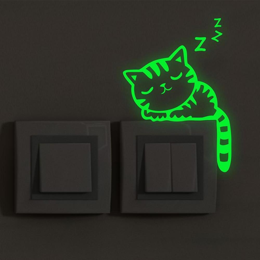 Removable Kids Room Cartoon Cat Switch Wall Stickers Glow in Dark Home Decoration 3D PVC Sticker