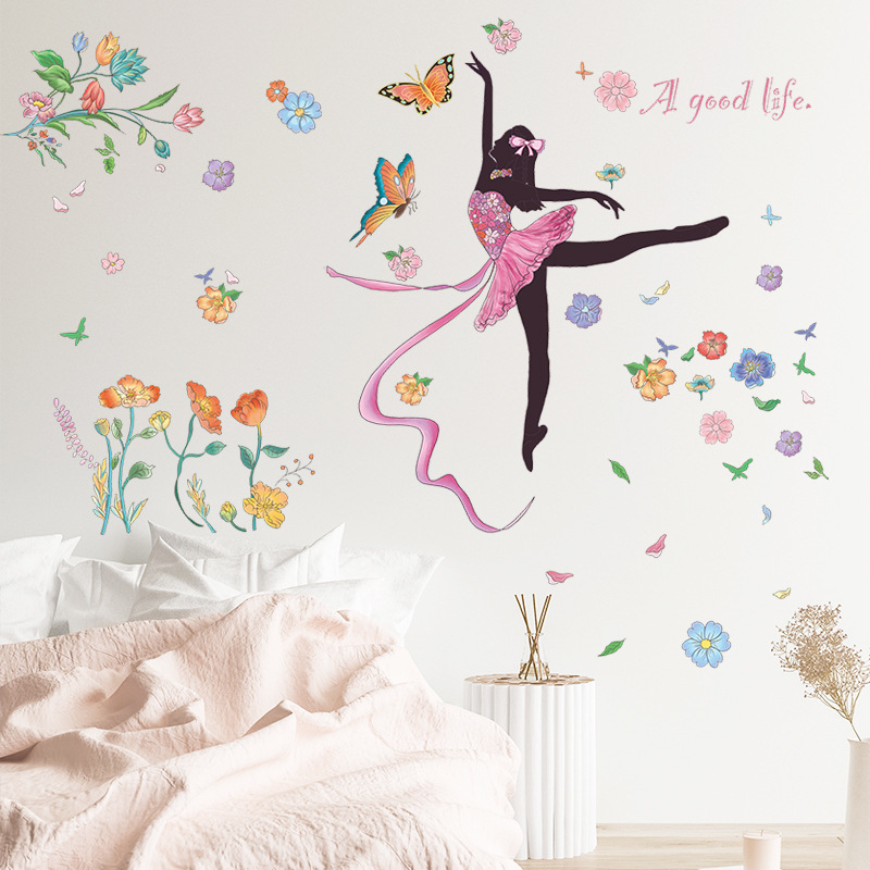 self adhesive cartoon flower dance girl wall stickers decals