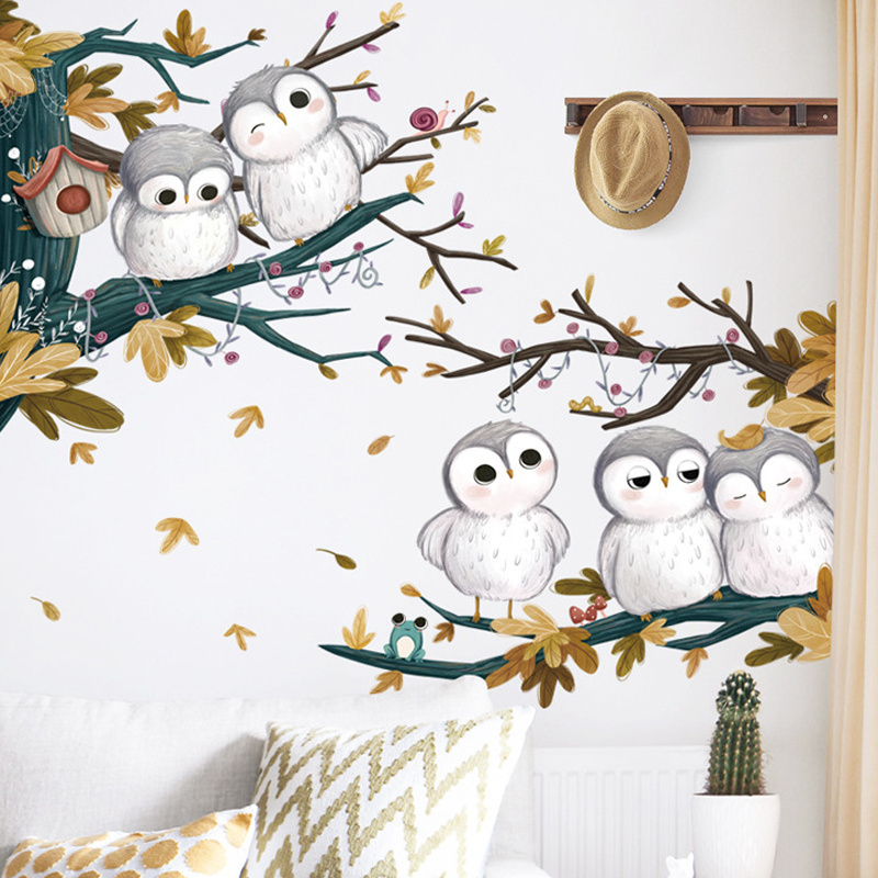 Cute cartoon owl animalwall decal tree for kids room 3d wall sticker