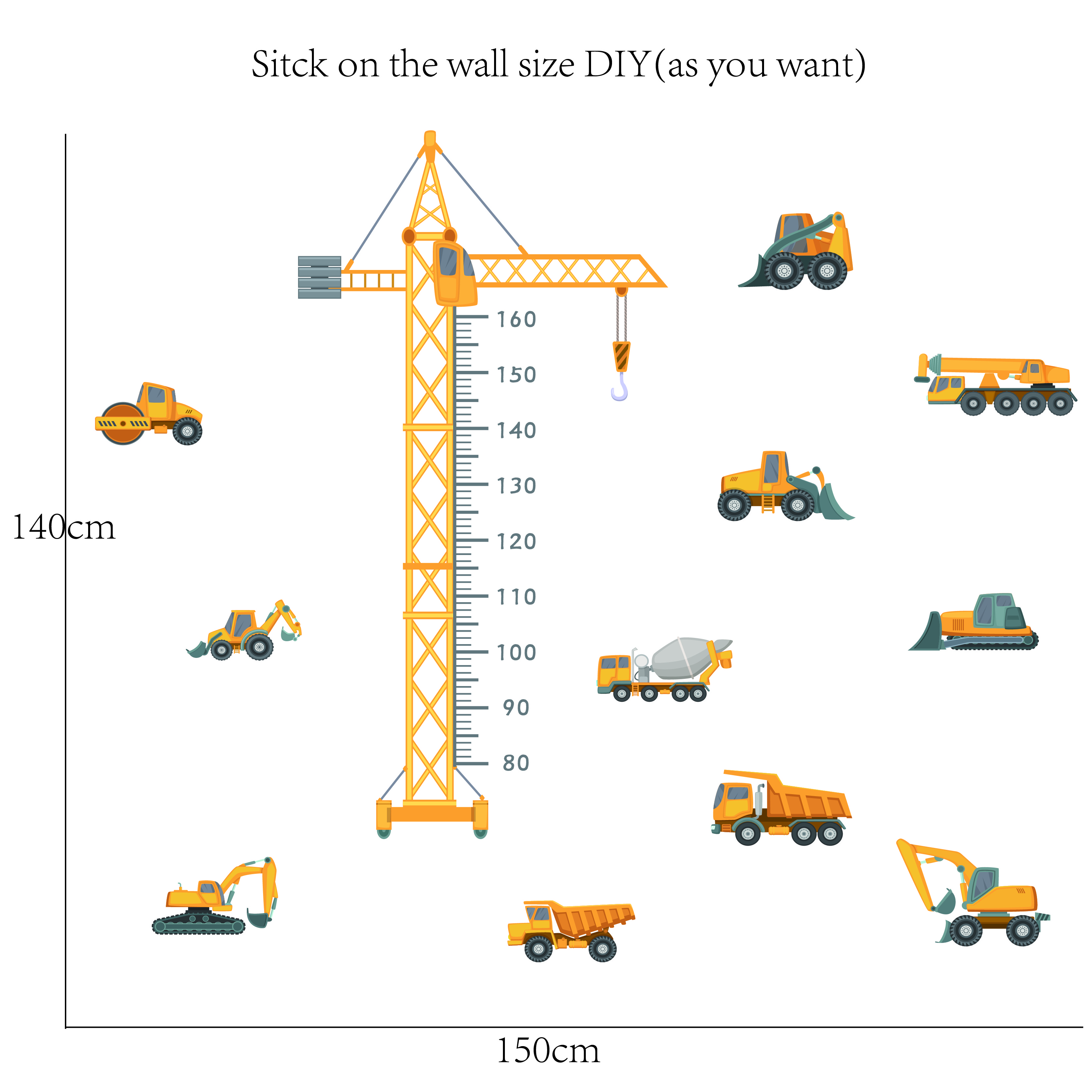 home decoration cartoon height measure excavator nursery wall stickers decal