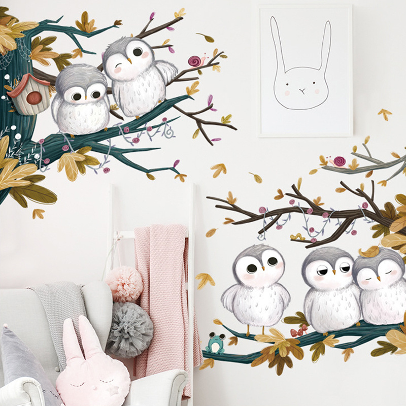 home decorative 3d cartoon owl on the tree cartoon vinyl kids wall decals