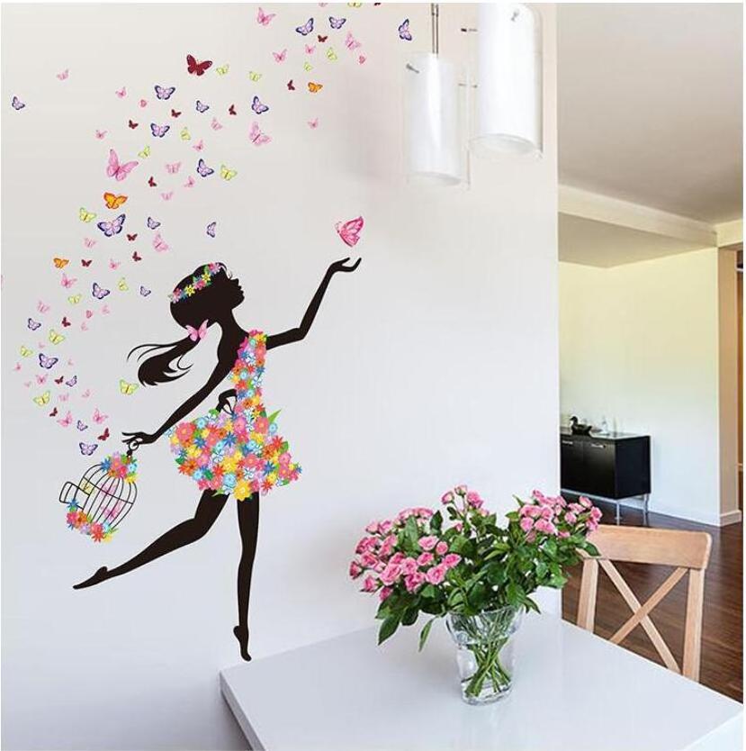 Home decor 3d removable birdcage girl flower wall stickers kids room