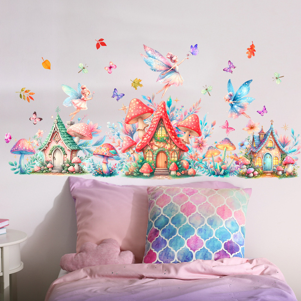 Self adhesive cartoon mushroom with fairy wall stickers home decoration kids