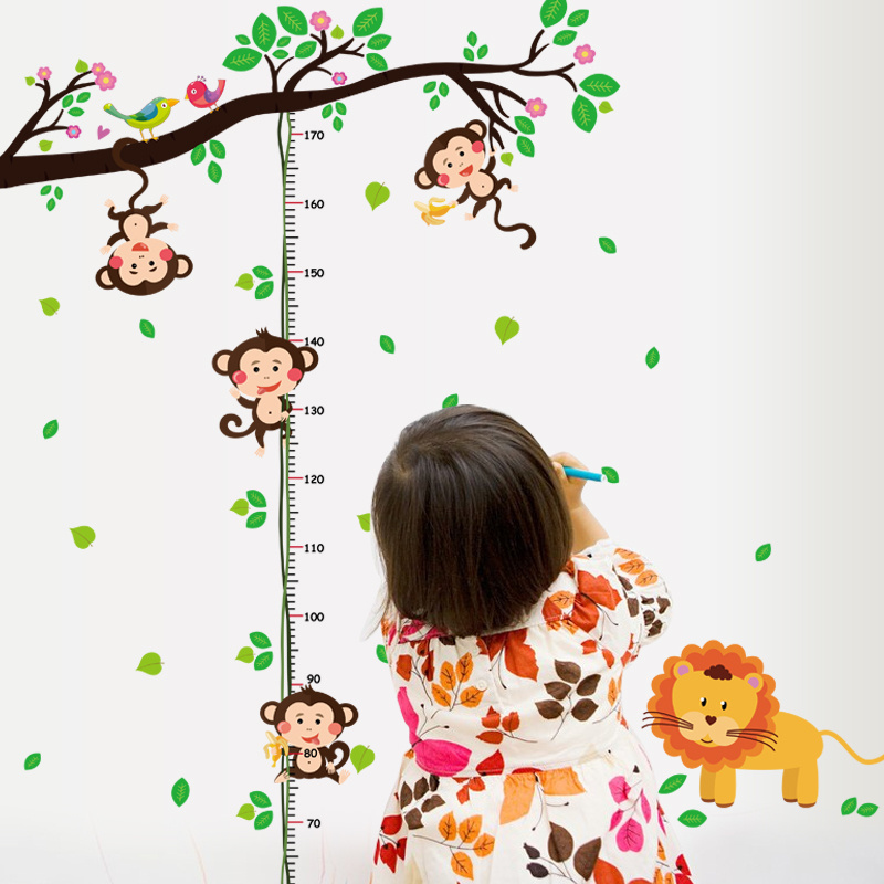 Removable 3d cartoon animal tree height measure wall stickers for kids room