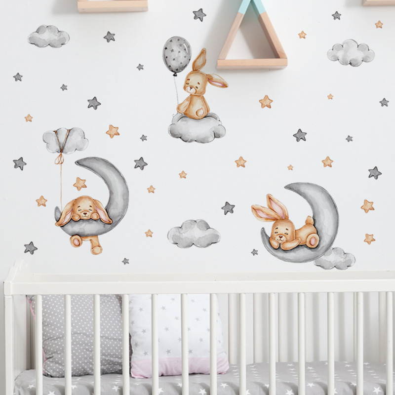 removable cartoon rabbit wit cloud kids room wall decals home decoration