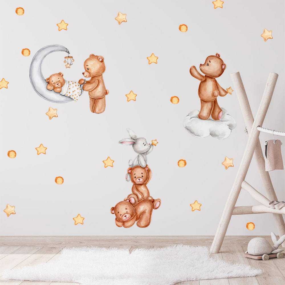 Cartoon bear mother love bear baby good night with gold dots decoration wall stickers for kids bedroom