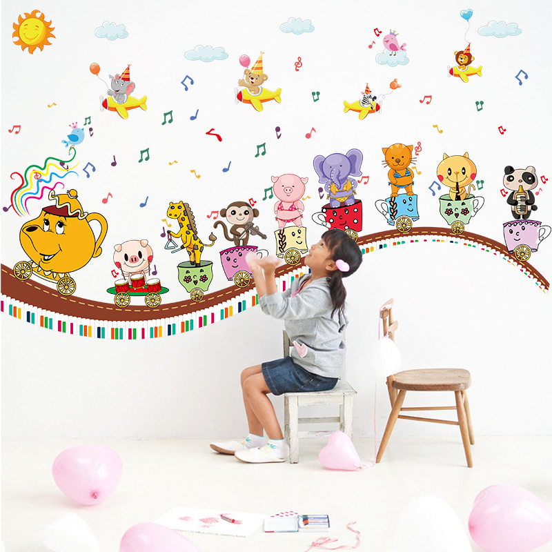 Self-adhesive nursery bedroom animals train wall sticker