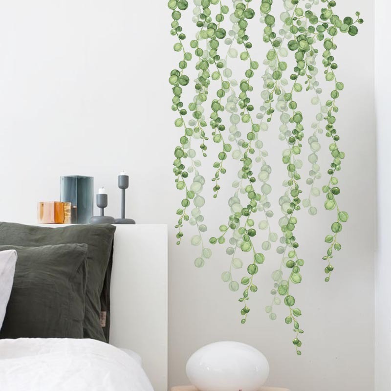 Self adhesive green plants wall stickers for kids room bedroom walls leaf vinyl wall decal