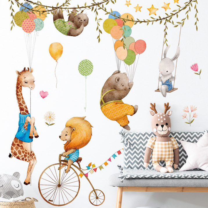 Baby bedroom decoration cartoon animal lion giraffe with balloon kindergarten wall stickers decals