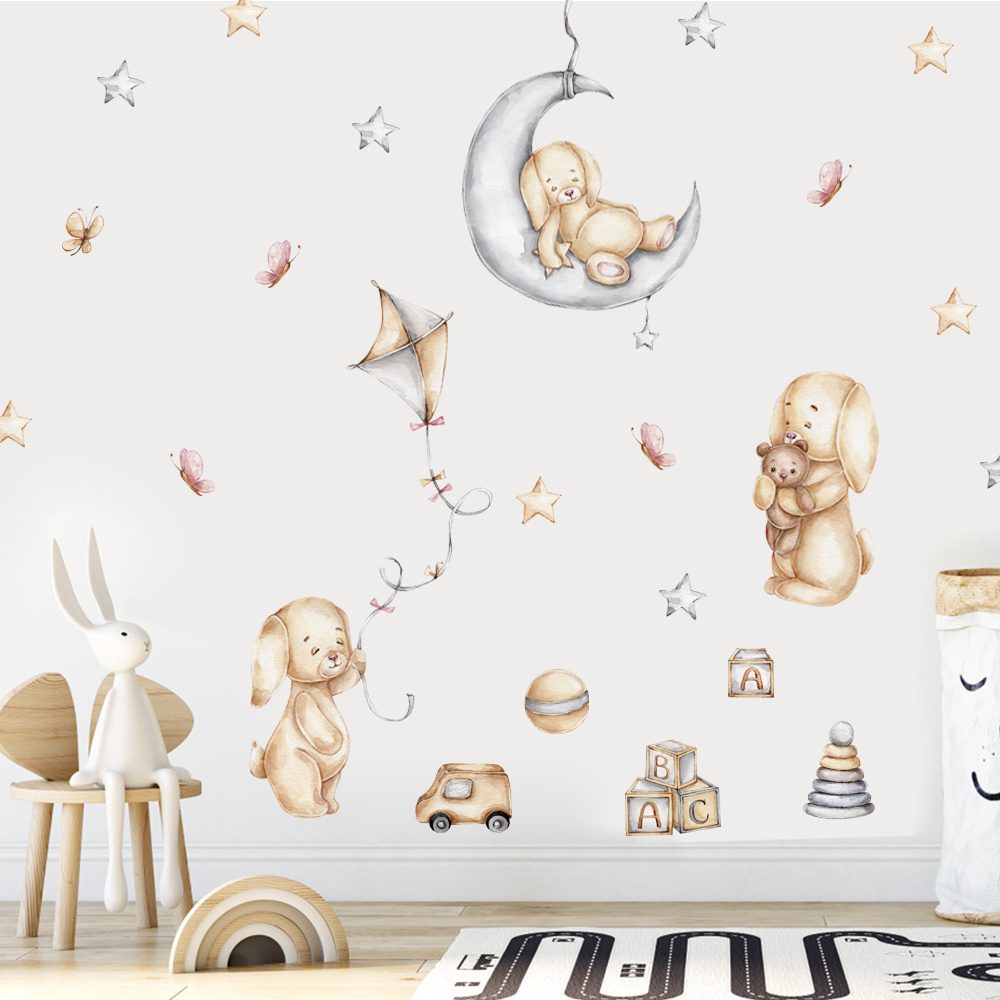 Home decoration 3d cute bear flies a kite with butterfly decor baby wall stickers bedroom