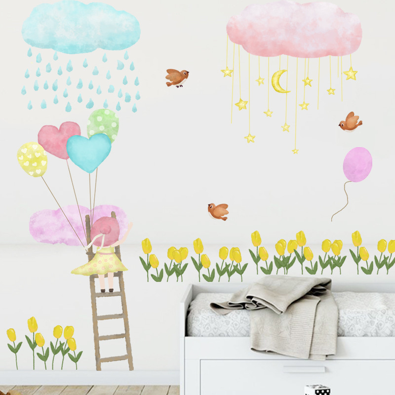 Removable girls vinyl stickers waterproof wall stickers for kids room clouds sticker wall decor