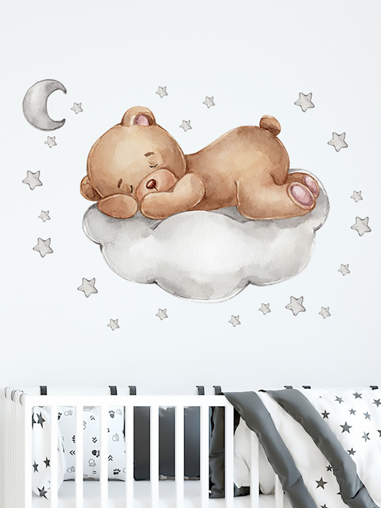 baby kids room decoration cartoon bear sleep on cloud nursery wall decals