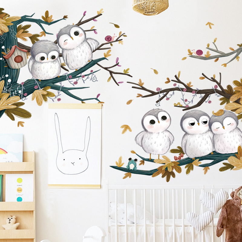 home decorative 3d cartoon owl on the tree cartoon vinyl kids wall decals