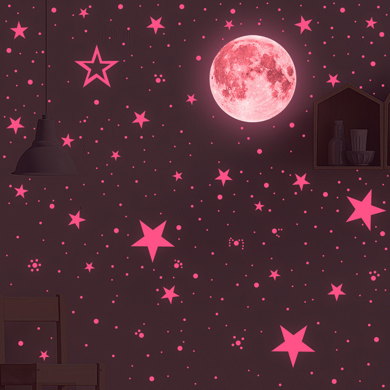 pink effect home wall decorative moon stars glow stickers in the dark