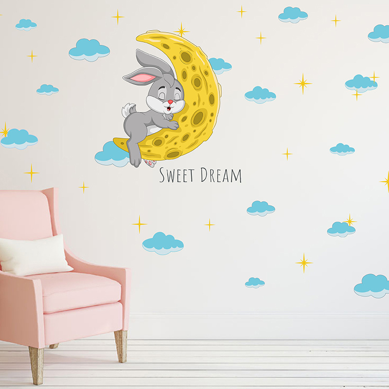 Removable bedroom wall decoration 3d rabbit with moon stickers for kids cute