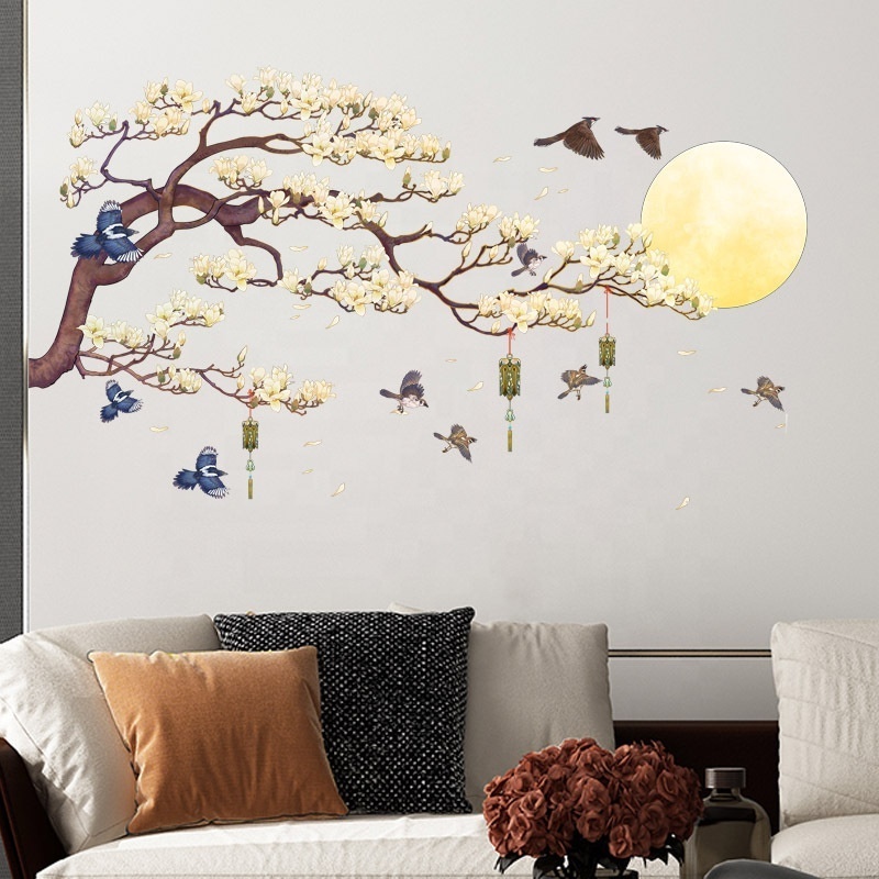 Self adhesive stickers for room walls white flowers bird moon pvc beautiful sticker flower