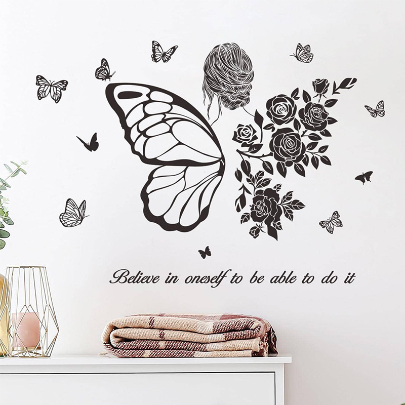 self adhesive living room decoration pvc 3d wall decal butterfly girl