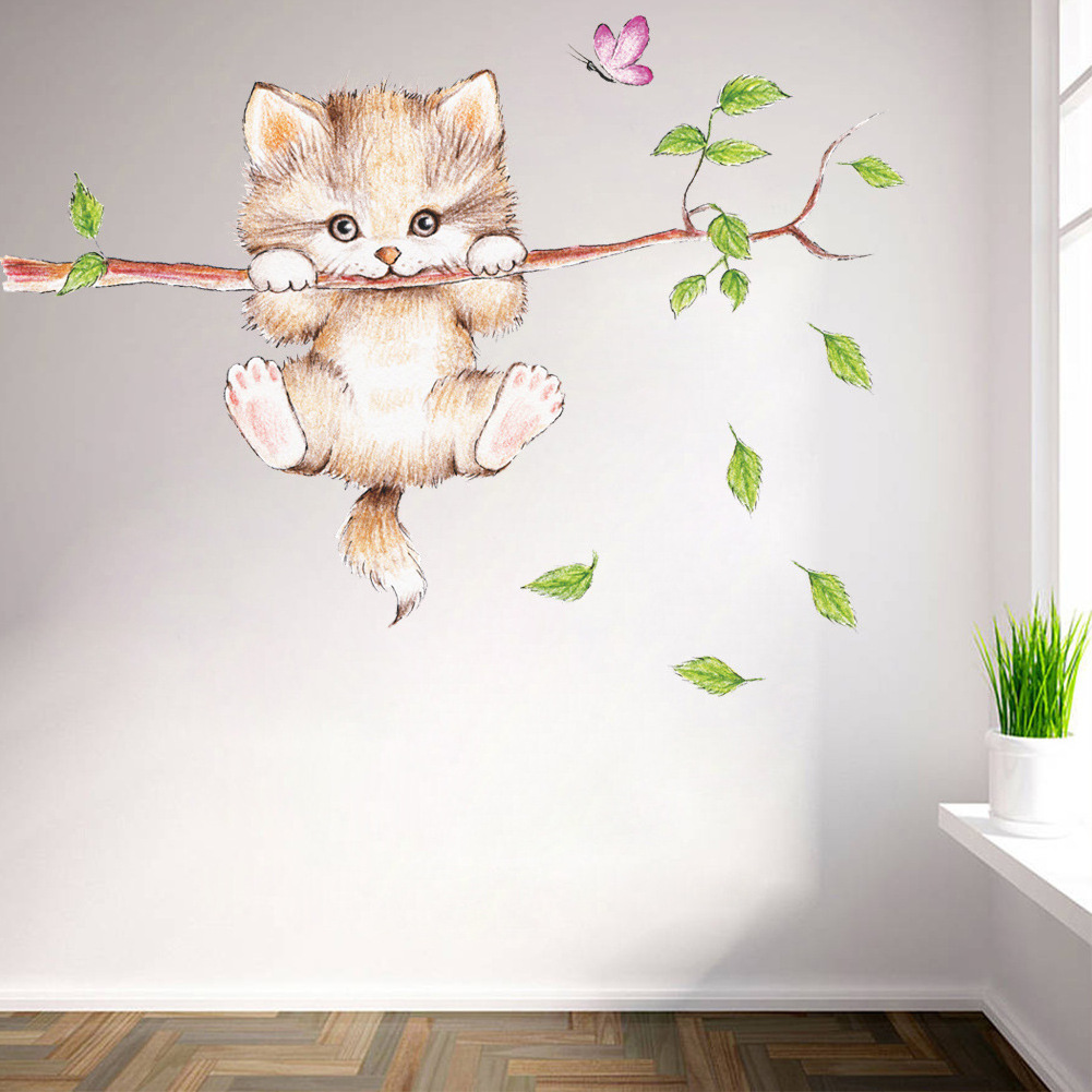 Kids Room Wall Decoration 3d Cartoon Kawaii Funny Cat Stickers Home Decoration PVC Sticker Decorative Sticker 1pc/opp Bag 10pcs