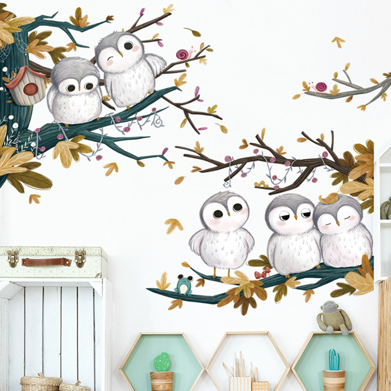 home decorative 3d cartoon owl on the tree cartoon vinyl kids wall decals