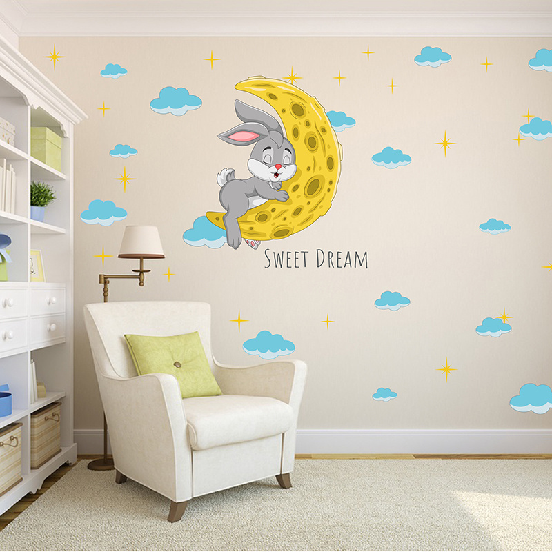 Removable bedroom wall decoration 3d rabbit with moon stickers for kids cute