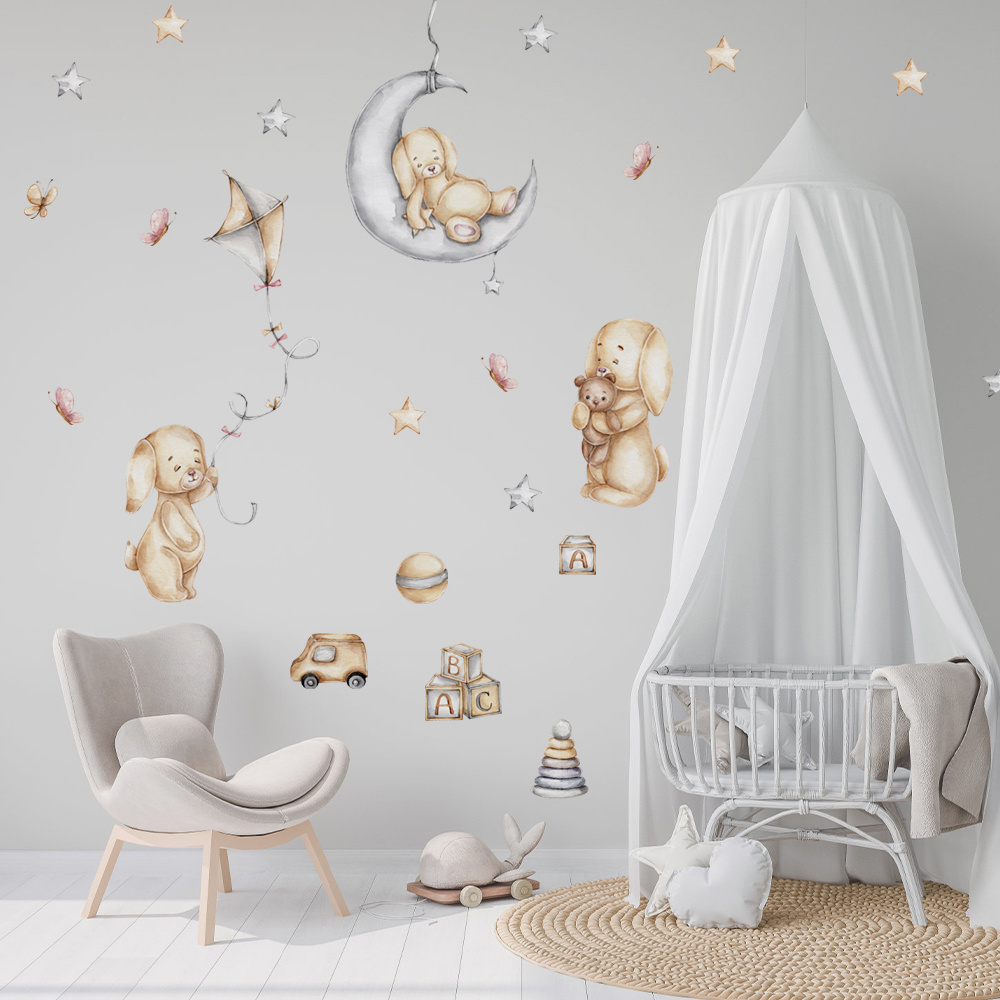 Home decoration 3d cute bear flies a kite with butterfly decor baby wall stickers bedroom