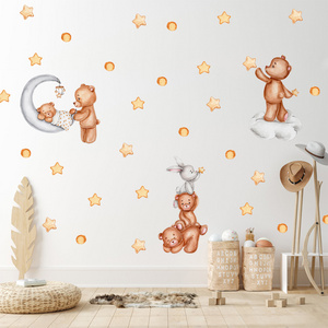 Cartoon bear mother love bear baby good night with gold dots decoration wall stickers for kids bedroom