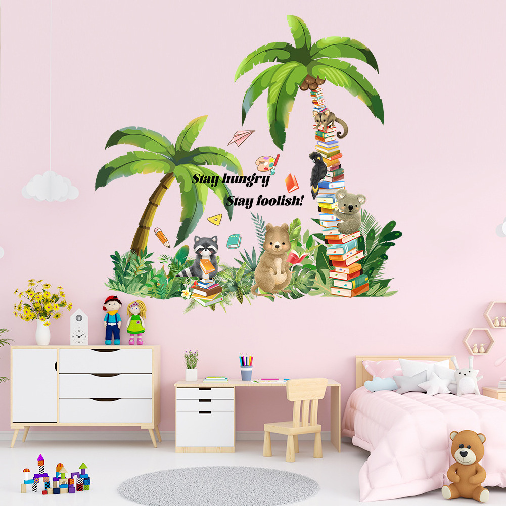 New design baby kids room cartoon animal palm tree sticker paper for wall