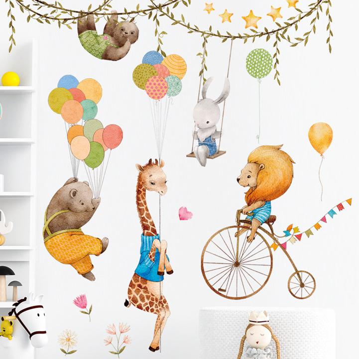 Baby bedroom decoration cartoon animal lion giraffe with balloon kindergarten wall stickers decals