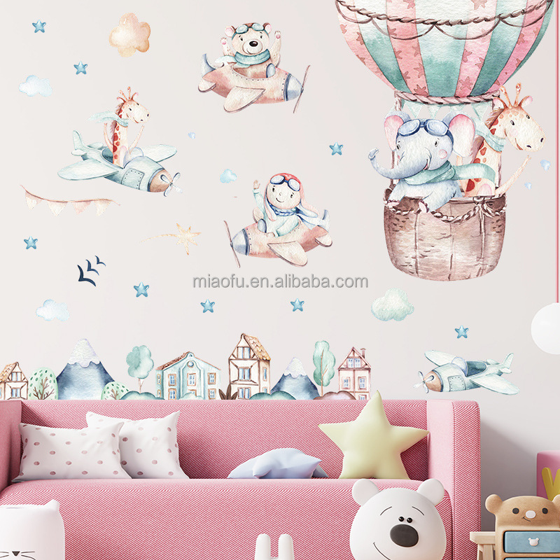 home decor cartoon animal airplane kids room wall sticker boho